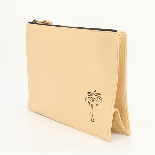 Tomas Maier $1305 Women's Tan Embroidered Palm Tree Leather Clutch Purse Bag NWT