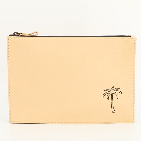 Tomas Maier $1305 Women's Tan Embroidered Palm Tree Leather Clutch Purse Bag NWT