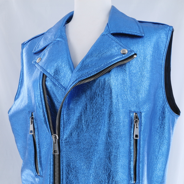 Ainea S7J23 $605 Women's Metallic Blue Vegan Leather Biker Vest - NWOT