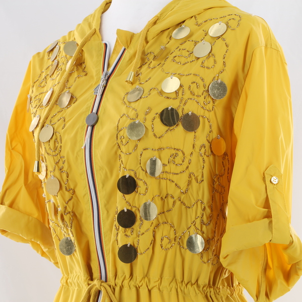 K-Way $315 Women's Yellow Hooded Long Rain Jacket with Sequin Accent - NWT