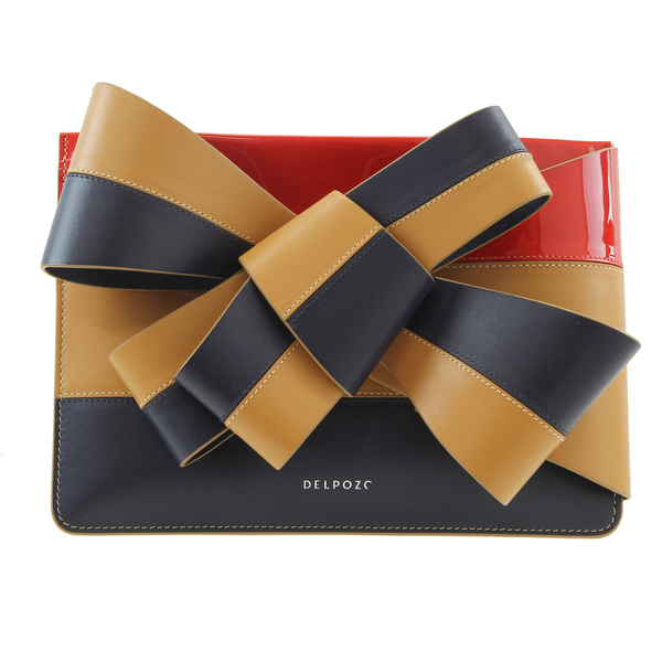 DELPOZO NWT $1100 Large Bow Navy Blue, Brown & Red Leather Clutch Crossbody Bag
